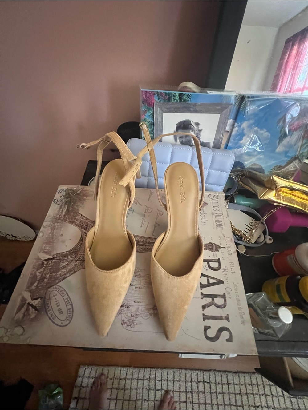 Women's Beige Pointed Slingback Heels